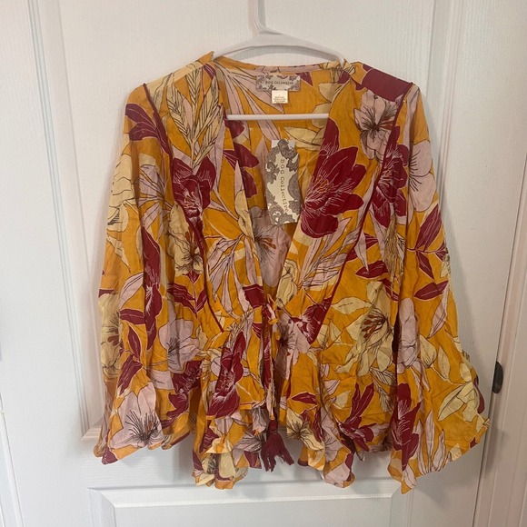 GLS Collective Tops - B.O.G Collective‎ Floral Blouse Tie Front Peplum Long Sleeve Top Size Large NWT